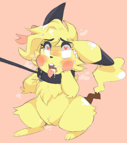 3_toes ahegao black_ears blush bodily_fluids bound breath cleft_tail collar cum cum_on_face dipstick_ears ear_markings feet female feral fluffy fur genital_fluids genitals heart_eyes heart_symbol leash leash_pull looking_pleasured multicolored_ears nude panting solo sweat tail toes two_tone_ears vulva yellow_body yellow_ears yellow_fur pixelyteskunk nintendo pokemon sparkle_chu generation_1_pokemon pikachu pokemon_(species)