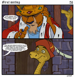anthro cape closed_door clothing crown crown_jewels dialogue door duo ears_flat eyes_closed feral gold_(metal) gold_crown hat hat_feather headgear headwear inside loose_feather male profanity ring robe royalty sitting stone_wall text wall_(structure) whiskers wood wood_door sir_paulus disney robin_hood_(disney) prince_john sir_hiss felid feline lion mammal pantherine reptile scalie snake comic english_text hi_res