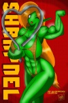 abs bar biceps big_breasts breasts clothed clothing female flexing green_body green_skin heart_symbol humanoid_pointy_ears muscular muscular_female muscular_humanoid not_furry one_eye_closed pose skimpy solo wink unknown_artist shrapnel_(character) humanoid hi_res