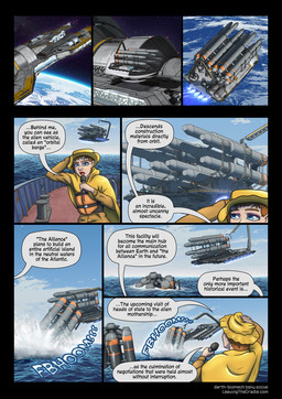 blue_eyes blue_sky boat clothed clothing day dialogue dialogue_box earth_(planet) electronics female human_only light_body light_skin microphone news news_reporter not_furry reporter sea sky solo space spacecraft speech_bubble star text vehicle water watercraft darth_biomech leaving_the_cradle human mammal 2025 colored comic english_text hi_res url