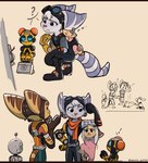 anthro baby belt blue_eyes boots brown_stripes clank_(ratchet_and_clank) clapping clothing crouching cybernetic_arm cybernetic_limb ear_piercing ear_ring exclamation_point eyebrows eyewear eyewear_on_head female footwear fur gloves goggles goggles_on_head grey_body grey_fur group handwear head_tuft headgear headwear kit_(ratchet_and_clank) lombax machine male mammal markings piercing purple_stripes question_mark ratchet_(ratchet_and_clank) ratchet_and_clank ring_(marking) ring_piercing ringed_tail rivet_(ratchet_and_clank) robot scarf smile sony_corporation sony_interactive_entertainment striped_body striped_fur striped_markings striped_tail stripes tail tail_markings tail_tuft time_fluffy500 tuft yellow_body yellow_fur young