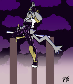 anthro female fur grey_body grey_fur latex purple_sky sky solo standing weapon pat-blk-fox pseudoregalia sybil_(pseudoregalia) bovid caprine goat mammal hi_res