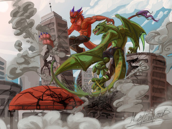 4_toes abs anthro barefoot black_clothing bottomwear building city cityscape claws clothed clothing cloud day destruction detailed_background duo feet fingers green_body green_scales green_wings horn macro macro_male male membrane_(anatomy) membranous_wings muscular open_mouth outside pants partially_clothed pawpads paws red_body scales sky smoke stomping tail teeth toe_claws toes tongue tongue_out topless topless_male underwear vehicle wings yellow_eyes evilkitty3 european_mythology mythology cirez teren dragon mythological_creature mythological_scalie reptile scalie western_dragon 4:3 detailed digital_media_(artwork)