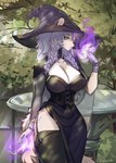 anthro big_breasts black_clothing black_dress blue_hair braided_hair breasts cleavage clothed clothing dress female fur gloves hair handwear hat headgear headwear legwear looking_sideways magic side_braid slit_dress solo thigh_highs white_body white_fur witch_hat balnurk felid feline mammal 2022 hi_res signature