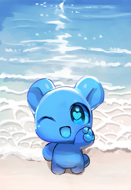 anthro beach biped blue_body blue_eyes blue_pawpads blue_sclera chibi detailed_background front_view heart_eyes heart_symbol high-angle_view looking_at_viewer looking_up looking_up_at_viewer one_eye_closed open_mouth open_smile pawpads pose sand smile solo water wink seuppi mochikuma_(seuppi) bear mammal blue_theme digital_media_(artwork) digital_painting_(artwork) full-length_portrait hi_res painting_(artwork) portrait shaded