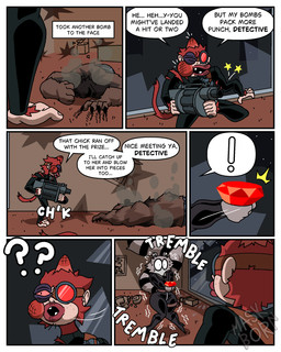 annoyed anthro big_breasts black_clothing bodily_fluids bodysuit bomb boots breasts broken_arm bruised bruised_eye bruised_face clothed clothing detective dialogue explosion explosives eyewear female female_anthro femme_fatale footwear fur gem goggles grenade_launcher group gun high_heeled_boots high_heels huge_breasts lying markings monkey_tail museum nervous nervous_look nervous_sweat night on_front police pouch_(clothing) raccoon_tail ranged_weapon scared shaking shirtless shirtless_anthro shirtless_male shocked shoes skinsuit smoke smoke_cloud stripes sweat tail tail_markings text thief tight_clothing trio unconscious unconscious_anthro unconscious_male weapon diegutan marcos_the_bear monkey_joe_(diegutan) uva_the_raccoon bear brown_bear haplorhine mammal monkey primate procyonid raccoon ursine 4:5 absurd_res aliasing binary_drawing comic digital_drawing_(artwork) digital_media_(artwork) english_text hi_res