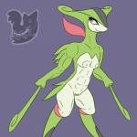 1:1 abs antelope anthro anthrofied areola bovid breasts erect_nipples female generation_5_pokemon genitals green_body green_skin hi_res holding_object holding_weapon legendary_pokemon looking_back mammal melee_weapon muscular muscular_anthro muscular_female navel nintendo nipples nude pokemon pokemon_(species) pokemorph posexe pussy red_eyes simple_background small_breasts smile solo standing virizion watermark weapon white_body white_skin