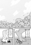 anthro black_claws claws comic day_with_dna dragon duo english_text feet foot_focus forest greyscale hi_res monochrome mythological_creature mythological_scalie mythology outside plant running ryuakira scalie sky text tree wood