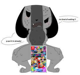 anthro big_breasts biped blush blush_lines bodily_fluids breasts crouching demanding eyelashes female grey_body looking_at_viewer nipple_outline open_mouth simple_background solo spread_legs spreading suggestive sweat sweaty_breasts sweaty_legs sweaty_thighs talking_to_viewer text white_background jinu mario_bros mario_kart mario_kart_8_deluxe nintendo nintendo_switch switch_dog canid canine canis domestic_dog mammal 2017 digital_drawing_(artwork) digital_media_(artwork) english_description english_text