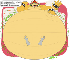 belly big_belly bloated bowl container dialogue disembodied_hand empty_bowl hair horn huge_belly hyper hyper_belly hyper_inflation inflation male muscular muscular_arms muscular_male red_hair rumbling_stomach stuffing text yellow_body hidi mario_bros nintendo bowser koopa reptile scalie hi_res