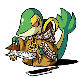 ambiguous_gender clothing knife lamp lantern red_eyes robe simple_background solo tail tonberry_costume weapon white_background conditional_dnp tricksta final_fantasy nintendo pokemon square_enix psycho_snivy generation_5_pokemon pokemon_(species) snivy hi_res male_(lore)