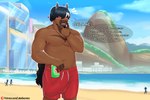 anthro armwear balls beach beverage beverage_can big_penis brazil brown_body brown_fur bulge clothed clothing detailed_background detailed_bulge dialogue erection erection_under_clothing fur genitals guarana_soda hair highlights_(coloring) jewelry looking_at_viewer male multicolored_body muscular muscular_male necklace nipples open_mouth outside penis ponytail rio_de_janeiro sand seaside sky smile solo swimming_trunks swimwear tail text topless water white_highlights lobokosmico kane_(lobokosmico) equid equine horse mammal 3:2 absurd_res digital_drawing_(artwork) digital_media_(artwork) english_text hi_res portuguese_text url