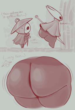 anthro big_butt blush bodily_fluids bottom_heavy bottomless butt clinking cloak clothed clothing cymbals duo female looking_at_butt male male/female musical_instrument nail_(weapon) oblivious overweight percussion_instrument sewing_needle simple_background size_difference sweat zlut385 hollow_knight:_silksong hollow_knight_(franchise) team_cherry hornet_(hollow_knight) sherma_(hollow_knight:_silksong) arthropod insect 2025 digital_drawing_(artwork) digital_media_(artwork) monochrome