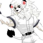 anthro baseball_uniform belt biped black_body black_eyes black_fur bottomwear clothed clothing ear_markings eyebrows facial_markings fully_clothed fur gesture hair head_markings kemono male mane markings mascot muscular muscular_anthro muscular_male neck_tuft pants shirt simple_background smile solo sportswear standing tail tail_tuft teeth thick_eyebrows topwear tuft uniform waving whiskers white_background white_body white_fur white_hair wristband chikuwabu nippon_professional_baseball saitama_seibu_lions leo_(saitama_seibu_lions) felid lion mammal pantherine 1:1