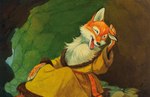 1955 20th_century ancient_art anthro biped black_nose canid canine cave cheek_tuft chest_tuft clothed clothing facial_tuft fox fur handpaw mammal open_mouth orange_body orange_fur paws pyotr_repkin red_fox solo true_fox tuft white_body white_fur