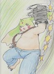 ammo_belt anthro belly bottomwear clothing denim denim_bottomwear denim_clothing gun_arm horn jeans long_ears male pants punch shirtless slightly_chubby solo uppercut tabasukotrr bandai_namco digimon digimon_(species) gargomon traditional_media_(artwork)