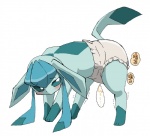 2015 ambiguous_gender blue_body blue_fur blush bodily_fluids canid canine clothing diaper eeveelution enon feral fur generation_4_pokemon genital_fluids glaceon gloves_(marking) head_down japanese_text leg_markings mammal markings nintendo paws peeing pokemon pokemon_(species) shaking simple_background socks_(marking) solo standing teal_eyes text urine watersports wet_diaper wetting wetting_diaper white_diaper
