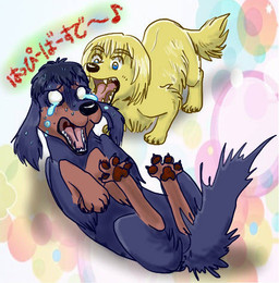 black_body black_fur blonde_hair blue_eyes bodily_fluids brown_body brown_fur claws crying duo feral feral_with_hair feralized floppy_ears fluffy fur hair lying on_back pawpads scared short_legs size_difference tears text yellow_body yellow_fur mizzkie attack_on_titan armin_arlert bertholdt_hoover canid canine canis domestic_dog mammal 2017 japanese_text low_res