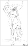 anthro armwear big_breasts black_boots black_clothing black_footwear boots breasts claws cleavage_cutout clothed clothing cutout dress exoskeleton female finger_claws footwear front_view legwear raised_hand sharp_teeth shoes skimpy solo teeth thick_thighs thigh_boots thigh_highs wide_hips miso_souperstar alien humanoid monster 2025 absurd_res black_and_white hi_res monochrome sketch