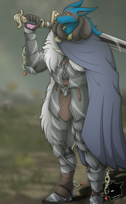 anthro armor clothing cosplay looking_at_viewer male melee_weapon solo sword weapon coderenard elden_ring fromsoftware nintendo pokemon aysle blaidd_(elden_ring) generation_4_pokemon lucario pokemon_(species) absurd_res hi_res