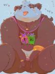 anthro biped blush bodily_fluids bulge clothing heart_symbol humanoid_hands male one_eye_closed overweight overweight_anthro overweight_male shirt sitting solo sweat text tongue tongue_out topwear underwear wink buta5kawa hamuga86 lifewonders tokyo_afterschool_summoners alp_(tas) bear giant_panda mammal 2019 hi_res japanese_text