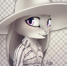 anthro black_lips breasts checkered checkered_background chest_tuft clothed clothed_anthro clothed_female clothing female female_anthro hat headgear headwear lips looking_at_viewer pattern_background pattern_clothing pattern_shirt pattern_topwear plaid plaid_clothing plaid_shirt plaid_topwear pose purple_eyes shirt simple_background small_breasts smile solo straw_hat text three-quarter_view topwear tuft f-r95 disney zootopia judy_hopps lagomorph leporid mammal rabbit 2017 artist_name character_name digital_media_(artwork) digital_painting_(artwork) english_text half-length_portrait handwritten_text monochrome painting_(artwork) portrait restricted_palette shaded soft_shading