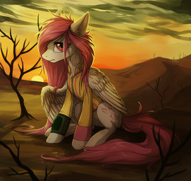 alternate_universe clothed clothing cutie_mark detailed_background eyelashes feathered_wings feathers female feral fur hair hooves looking_at_viewer pink_hair sitting sky solo sun tan_body tan_feathers tan_fur wastes wings hioshiru fallout fallout_equestria hasbro microsoft my_little_pony mythology fan_character equid equine mammal mythological_creature mythological_equine pegasus