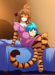 anthro bare_shoulders barefoot bed blue_eyes blue_hair brown_background brown_hair clothed clothing countershading digitigrade dress duo feet female fur furniture hair head_on_belly inside listening listening_to_belly male multicolored_body multicolored_fur on_bed orange_body orange_fur pregnant simple_background sitting smile striped_body striped_fur stripes tail text white_body white_fur yellow_eyes conditional_dnp tom_fischbach twokinds flora_(twokinds) trace_legacy felid human keidran mammal pantherine tiger 2018 adobe_photoshop_(artwork) colored digital_media_(artwork) hi_res url