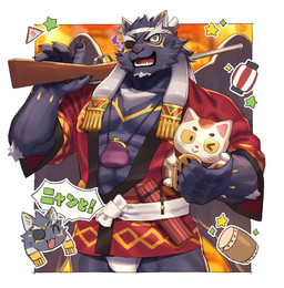5_fingers accessory anthro arm_tuft asian_clothing black_body black_fur chest_tuft claws clothing drum east_asian_clothing elbow_tuft eye_patch eyewear fingers fundoshi fur green_eyes gun hachimaki headband holding_gun holding_object holding_ranged_weapon holding_weapon japanese_clothing jewelry lamp lantern male muscular muscular_anthro muscular_male musical_instrument necklace open_mouth open_smile pawpads percussion_instrument ranged_weapon red_clothing red_topwear scar smile solo speech_bubble teeth topwear tuft underwear weapon white_clothing white_underwear yow lifewonders tokyo_afterschool_summoners tezcatlipoca_(tas) felid mammal pantherine