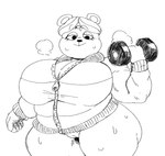 anthro big_breasts black_eyes black_nose bodily_fluids bottomless breasts cleavage clothed clothing exercise eyelashes female front_view genitals hair holding_dumbbell huge_breasts pussy short_hair simple_background solo sweat sweatdrop thick_thighs topwear weightlifting white_background wide_hips workout zipper olozva animal_crossing nintendo paula_(animal_crossing) bear mammal monochrome