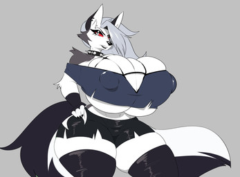anthro big_breasts breasts clothed clothing collar ear_piercing eyebrow_piercing eyebrows facial_piercing female fingers fur grey_hair hair hand_on_hip huge_breasts hyper hyper_breasts nipple_outline piercing pupils red_sclera solo spiked_collar spikes tail thick_thighs white_body white_eyes white_fur wide_hips thelazydreamer hellaverse helluva_boss mythology loona_(helluva_boss) canid canid_demon canine demon hellhound mammal mythological_canine mythological_creature 2026 hi_res