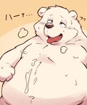 after_masturbation anthro bodily_fluids cum cum_on_belly cum_on_body genital_fluids kemono male moobs nipples overweight overweight_male simple_background solo text tongue tongue_out naru_papi bear mammal 2024 5:6 hi_res japanese_text translation_check translation_request