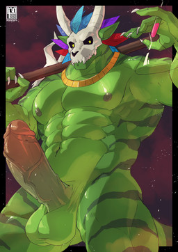 abs anthro balls bone bone_mask erection erlenmeyer_flask feathered_headdress genitals glans green_body holding_object holding_staff holding_vial humanoid_genitalia humanoid_penis jewelry laboratory_equipment laboratory_glassware logo male mask muscular muscular_anthro muscular_male muscular_thighs navel necklace nipples non-mammal_balls nude pecs penis scientific_instrument skull skull_accessory skull_mask solo staff tribal vein veiny_penis vial yellow_eyes monsterplus terraria witch_doctor_(terraria) lihzahrd lizard reptile scalie 2026 absurd_res artist_logo digital_media_(artwork) hi_res portrait three-quarter_portrait