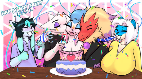 anthro big_breasts birthday birthday_cake breasts cake celebration clothed clothing dessert female femboy food group happy hug hugging_another hugging_from_behind kissing_cheek male party smile sweather anglo nintendo pokemon aki_(wingedwilly) anglo_(anglo) jace_(tamashii) kason_(spindaspinda) blaziken eeveelution generation_3_pokemon generation_4_pokemon generation_5_pokemon glaceon mienshao pokemon_(species) spheal hi_res