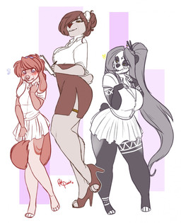 accessory anthro big_breasts blush breasts clothed clothing female footwear group hair hair_accessory hair_sticks high_heels huge_breasts ponytail shoes shy simple_background smile standing trio redpixie red_(redpixie) bear canid canine giant_panda mammal 2016 hi_res