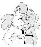 accessory angry anthro big_breasts bra breast_size_difference breast_squish breasts breasts_frottage clothing duo female hair headband side_boob simple_background smile squish underwear white_background dbaru cartoon_network mighty_magiswords calika morbidia domestic_cat felid feline felis mammal 2021 hi_res monochrome