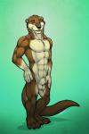 abstract_background animal_genitalia anthro balls brown_body brown_fur detached_sheath fur genitals male muscular muscular_anthro muscular_male neck_muscles nude pose sheath simple_background solo tan_body tan_fur tsaiwolf exile_(stormwolff) mammal mustelid otter 2:3 hi_res pinup