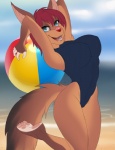 anthro ball beach_ball clothing female fur hair inflatable looking_at_viewer one-piece_swimsuit open_mouth pool_toy smile solo sport_swimsuit swimwear autumm_airwave canid canine mammal digital_media_(artwork)