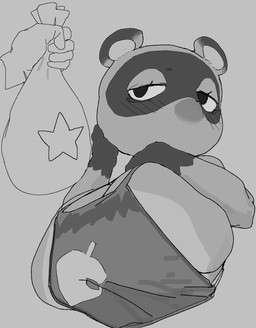 ambiguous_gender anthro big_breasts blush breasts clothed clothing crossgender duo female fur grey_background looking_at_another money_bag mtf_crossgender simple_background meckmeck00124 animal_crossing nintendo tom_nook_(animal_crossing) canid canine mammal raccoon_dog tanuki 2025 hi_res monochrome