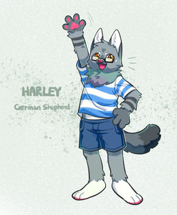 anthro blue_body blue_bottomwear blue_clothing blue_fur blue_shirt blue_t-shirt blue_topwear bottomwear cheek_tuft clothed clothing eyewear facial_tuft fur glasses glistening glistening_eyes grey_body grey_fur hand_on_hip head_tuft looking_at_viewer male neck_tuft open_mouth open_smile orange_eyes pattern_clothing pattern_shirt pattern_t-shirt pattern_topwear pawpads pink_nose pink_pawpads pink_tongue rectangular_glasses shirt simple_background smile solo standing striped_arms striped_clothing striped_shirt striped_t-shirt striped_topwear stripes t-shirt text tongue topwear tuft unsigned white_clothing white_shirt white_t-shirt white_topwear asnnonaka harley_(asnnonaka) canid canine canis domestic_dog mammal english_text full-length_portrait hi_res portrait
