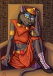 afnet_(clothing) bandage bottomwear clothing crown egyptian egyptian_clothing egyptian_headdress exposure_variation female headdress headgear headwear midriff regalia sitting skirt solo uraeus sacrificabominat disney disney's_aladdin mirage_(disney) domestic_cat felid feline felis mammal absurd_res hi_res