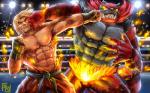 anthro biceps claws clothed clothing duo fight fur male muscular muscular_male nipples punch red_body red_fur topless physen capcom nintendo pokemon street_fighter super_smash_bros. super_smash_bros._ultimate ken_masters generation_7_pokemon human incineroar mammal pokemon_(species) 2018 crossover digital_media_(artwork) hi_res