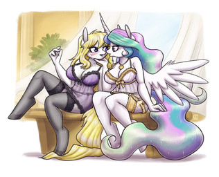 4_fingers anthro back_wings big_breasts blonde_hair blush breasts cleavage clothed clothing duo feathered_wings feathers female female/female fingers hair hand_on_another's_chin hand_on_chin hooves horn imminent_kiss jewelry legwear lingerie long_hair multicolored_hair necklace pink_eyes purple_eyes rainbow_hair sitting sparkles sparkling_hair stockings thigh_highs translucent translucent_clothing translucent_legwear translucent_stockings unguligrade white_body wings king-kakapo friendship_is_magic hasbro my_little_pony mythology anna_(sailoranna) princess_celestia_(mlp) equid equine horse mammal mythological_creature mythological_equine pony winged_unicorn 2021 hi_res