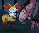 2016 anthro black_body black_fur blush bodily_fluids braixen canid canine chest_tuft clothed clothing darkyamatoman duo ear_tuft faceless_character faceless_male fangs female fingerless_gloves foreskin forest fur generation_6_pokemon genital_fluids genitals gloves grass half-erect handwear human humanoid_genitalia humanoid_penis imminent_sex in_heat looking_at_viewer male mammal mostly_nude nintendo open_mouth partially_retracted_foreskin penis plant pokemon pokemon_(species) pussy red_body red_eyes red_fur semi-anthro smile standing teeth tongue tree tuft vaginal_fluids vein veiny_penis white_body white_fur yellow_body yellow_fur