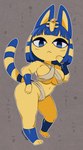 :< anthro bangs big_breasts black_eyelids blue_hair blunt_bangs blush blush_lines bob_cut breasts bulging_breasts female hair hand_on_cheek hand_on_hip markings navel short_stack solo striped_markings striped_tail stripes tail tail_markings thick_thighs uraeus yellow_body nyxondyx animal_crossing nintendo ankha_(animal_crossing) domestic_cat felid feline felis mammal digital_media_(artwork) hi_res