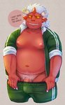 anthro belly blush bottomwear clothing genitals humanoid_hands male moobs navel nipples overweight overweight_anthro overweight_male pants penis red_body solo text undressing un0sk asian_mythology east_asian_mythology japanese_mythology mythology sekai_no_hanbun_wa_irimasen demon oni yokai 2013