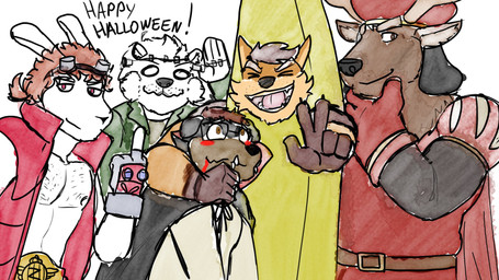 anthro antlers black_body black_fur blush body_hair brown_body brown_fur chest_hair clothing cosplay costume eyewear fangs fur gesture glasses goggles group hand_gesture horn male male/male middle_finger nipples orange_body orange_fur pecs smile teeth text v_sign white_body white_fur yellow_body yellow_fur zordykeaboo home_zomewhere_else chad_harman fred_kent leo_(hze) paulo_(hze) toto_(hze) canid canine canis deer dobermann domestic_dog german_shepherd herding_dog hybrid lagomorph leporid mammal mastiff molosser nordic_sled_dog pastoral_dog pinscher rabbit rottweiler samoyed spitz 16:9 english_text hi_res widescreen