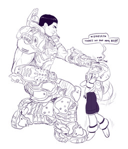 anklet anthro armor barefoot boots bottomwear bracelet clothing digitigrade duo feet female footwear gauntlets gloves handwear jewelry kneeling larger_male male on_one_knee paws romper_suit shoes shorts shoulder_cannon size_difference smaller_female smile speech_bubble tail tail_motion tailwag toes wearing_helmet crovirus doom_(series) freedom_planet galaxytrail id_software microsoft doom_slayer milla_basset canid canine canis domestic_dog human mammal hi_res