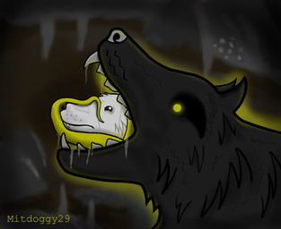 ambiguous_gender black_body black_fur bodily_fluids cave drooling duo feral fur glowing grey_body grey_fur head_in_mouth looking_at_another open_mouth oral_vore predator/prey saliva soft_vore swallowing teeth tongue tongue_wrap vore yellow_eyes mitdoggy29 canid canine canis domestic_dog mammal monster hi_res