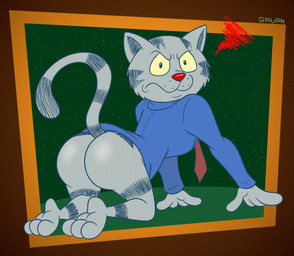 3_toes 4_fingers abstract_background all_fours angry anthro arched_soles barefoot bent_legs bent_over biped blue_clothing blue_shirt blue_topwear bottomless bottomless_anthro bottomless_male bubble_butt butt cheek_tuft clothed clothing crouching curling_tail facial_tuft feet fingers frown frowning_at_viewer fur glance glistening glistening_butt grey_body grey_fur humanoid_feet humanoid_heel impatient kneeling lines_drawn looking_at_viewer looking_back looking_back_at_viewer male markings necktie plantigrade pose raised_tail rear_view red_necktie red_nose ring_(marking) ringed_tail shirt soles solo spine striped_markings striped_tail stripes tail tail_markings toes toony topwear tuft whisker_spots wide_hips yellow_sclera gavanzude fritz_the_cat fritz_the_cat_(character) domestic_cat felid feline felis mammal 2025 alternate_version_at_paywall colored digital_drawing_(artwork) digital_media_(artwork) flat_colors hi_res pinup signature